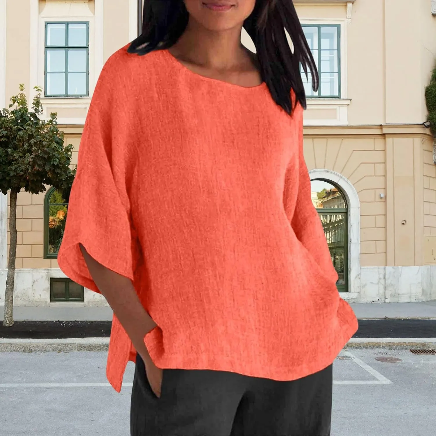 Cotton Linen Shirts for Women Summer Casual Crewneck Pullover Tops Comfy Loose Women's Short Sleeve T Shirt