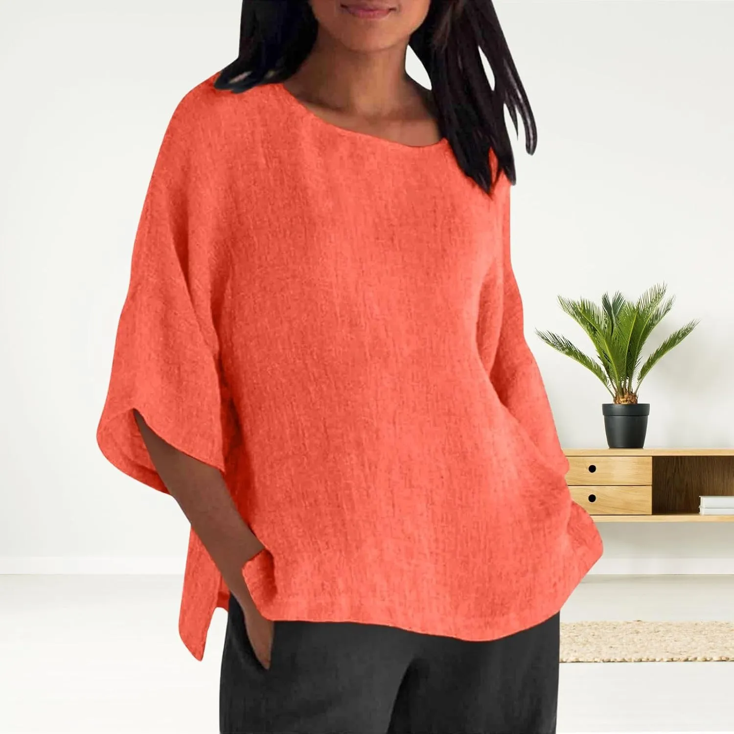 Cotton Linen Shirts for Women Summer Casual Crewneck Pullover Tops Comfy Loose Women's Short Sleeve T Shirt