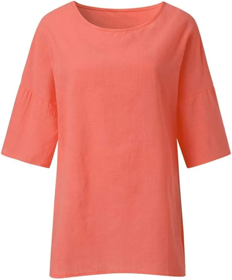 Cotton Linen Shirts for Women Summer Casual Crewneck Pullover Tops Comfy Loose Women's Short Sleeve T Shirt