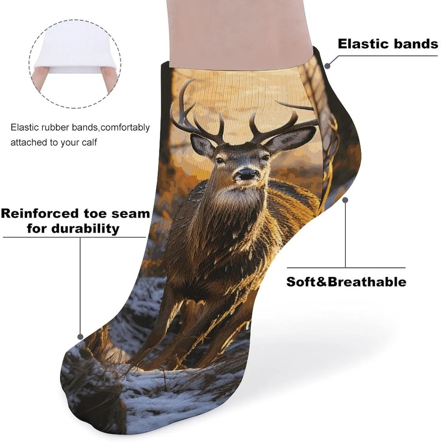 Cushion Ankle Running Socks Deers Picture Low Cut Breathable Athletic Socks for Men Women 5 Pairs