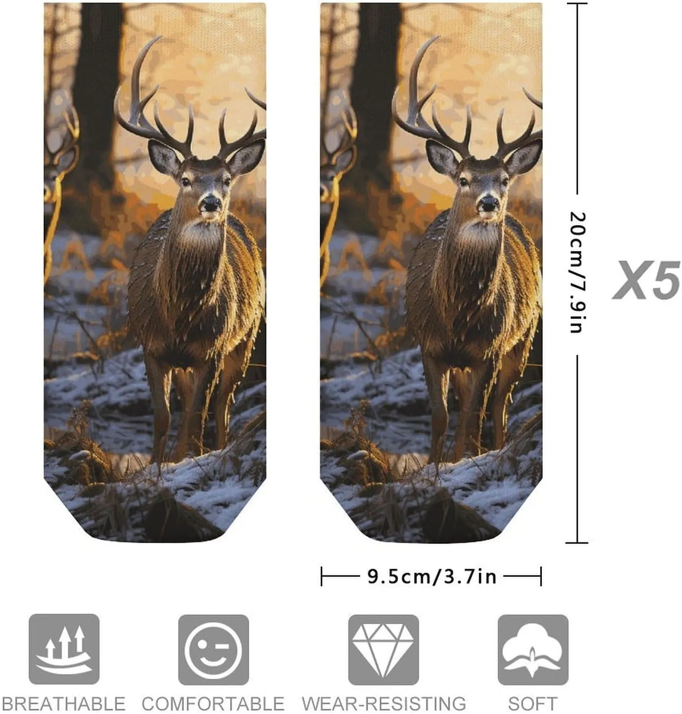 Cushion Ankle Running Socks Deers Picture Low Cut Breathable Athletic Socks for Men Women 5 Pairs