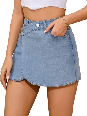 Denim Skort for Women High Waisted Denim Skirt Stretchy Mini Tulip Hem Trendy Jean Skort Skirt