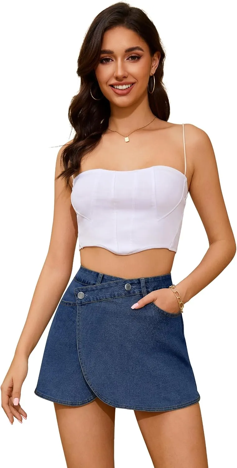 Denim Skort for Women High Waisted Denim Skirt Stretchy Mini Tulip Hem Trendy Jean Skort Skirt