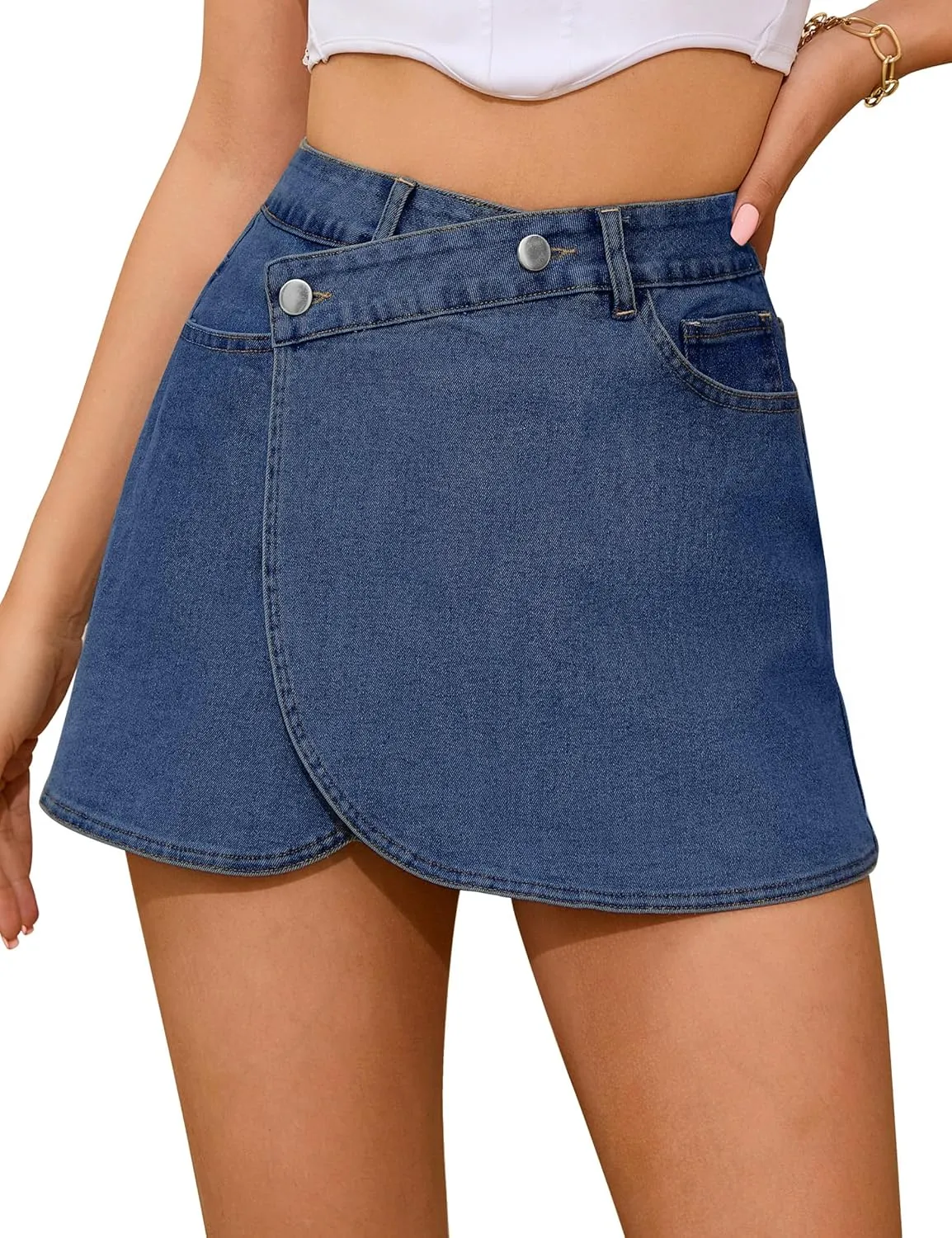 Denim Skort for Women High Waisted Denim Skirt Stretchy Mini Tulip Hem Trendy Jean Skort Skirt