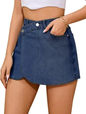 Denim Skort for Women High Waisted Denim Skirt Stretchy Mini Tulip Hem Trendy Jean Skort Skirt