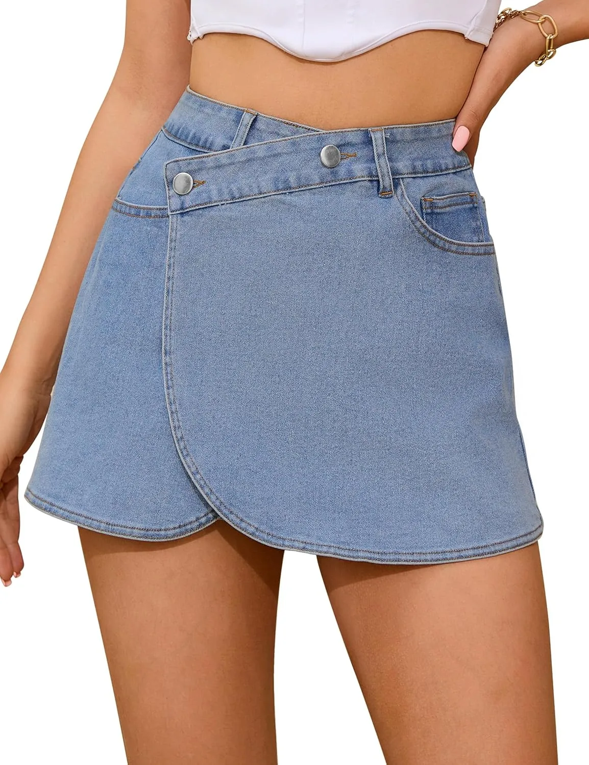 Denim Skort for Women High Waisted Denim Skirt Stretchy Mini Tulip Hem Trendy Jean Skort Skirt