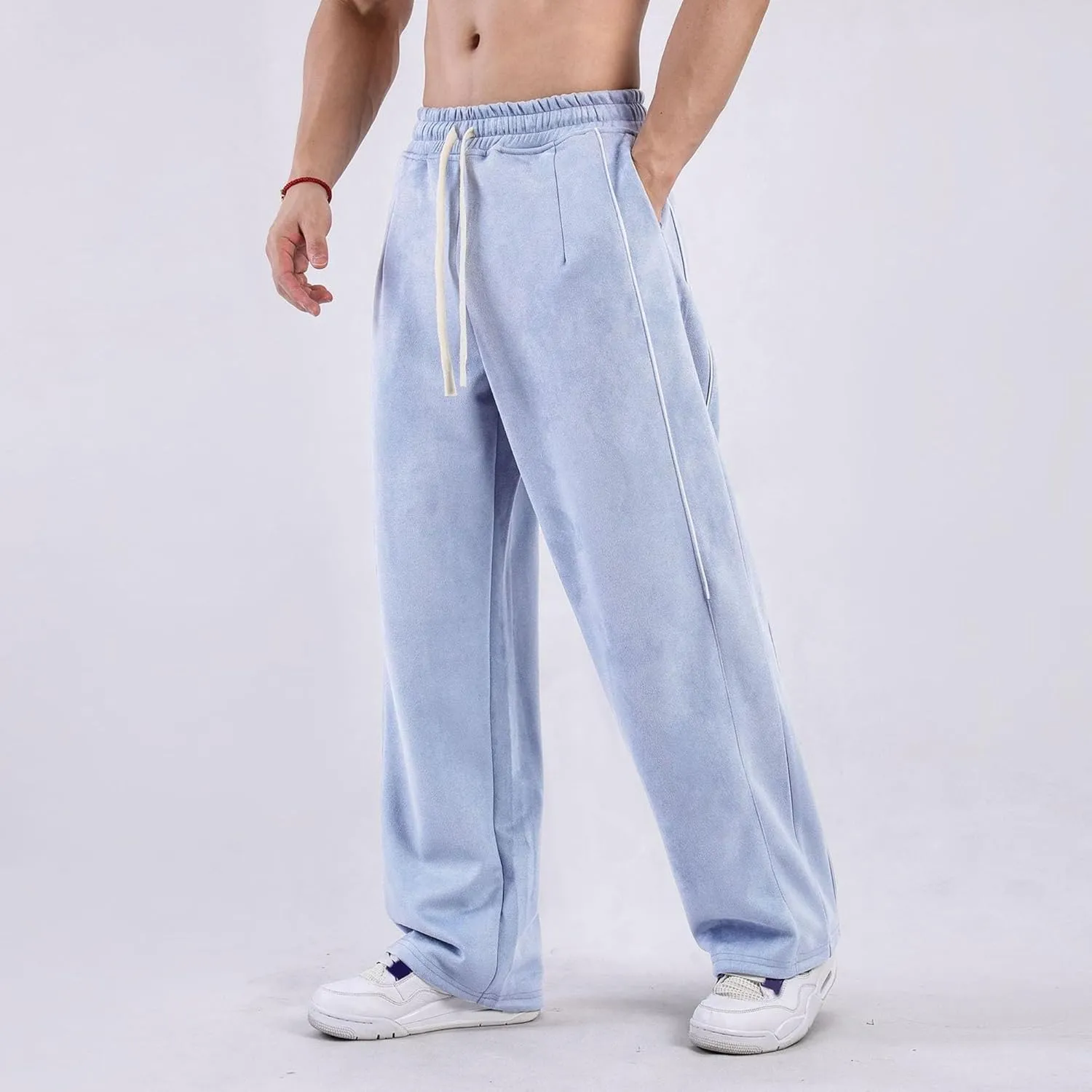 DGHM-JLMY Men's Loose Wide Leg Sweatpants Elastic Waist Regular Fit Straight Pant Stitching Side Seam Thick Casual Trousers