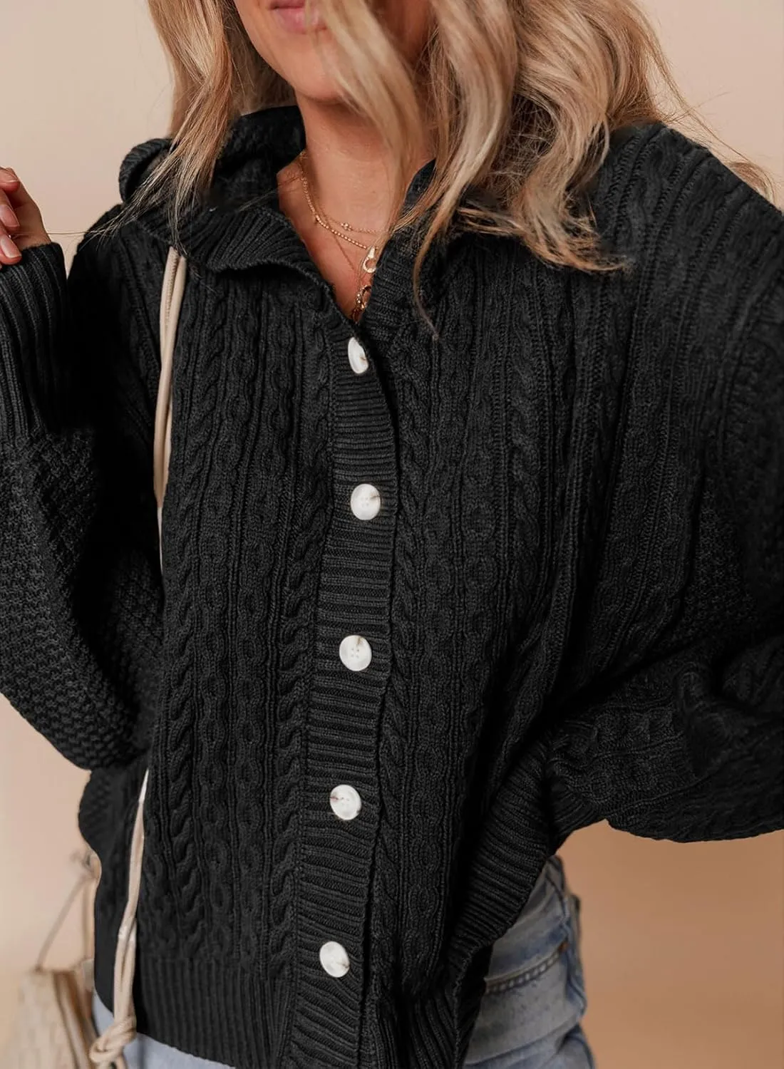 Dokotoo Oversized Sweaters for Women Casual Solid Long Sleeve Button Down Chunky Knit Hooded Cardigan Sweaters Coat
