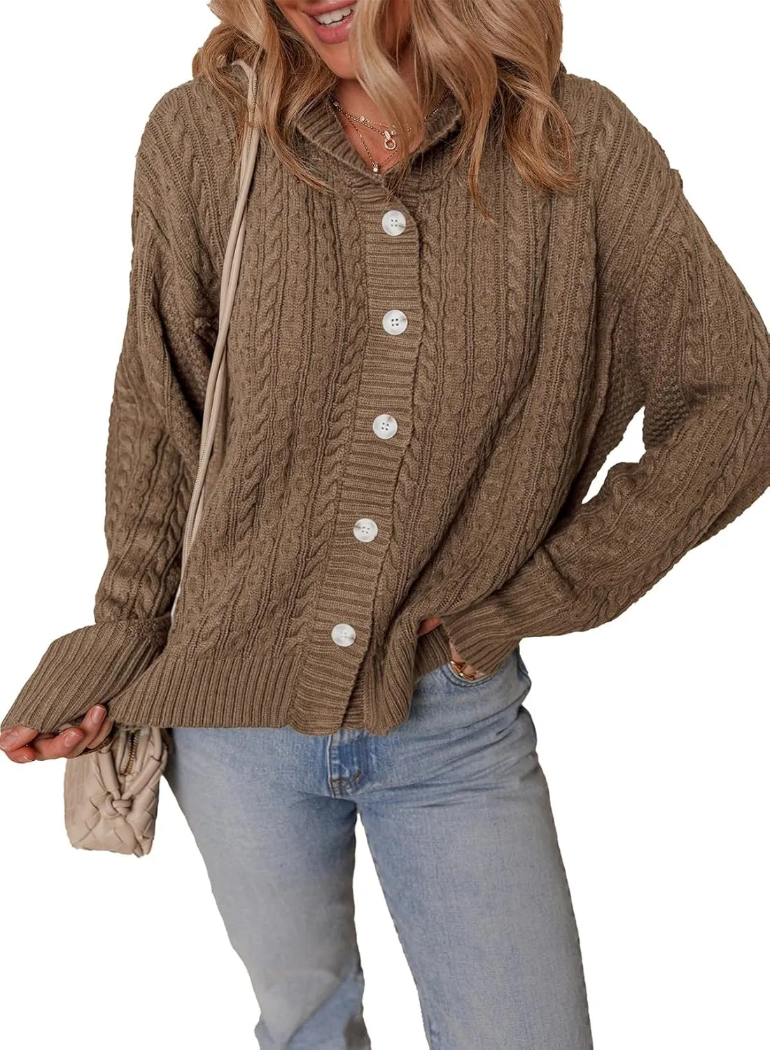 Dokotoo Oversized Sweaters for Women Casual Solid Long Sleeve Button Down Chunky Knit Hooded Cardigan Sweaters Coat