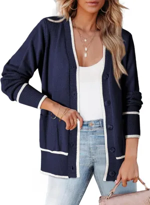 Dokotoo Short Cardigans for Women Color Blocked 2024 Fall Fashion Button Down Sweaters Winter Coats with Pockets