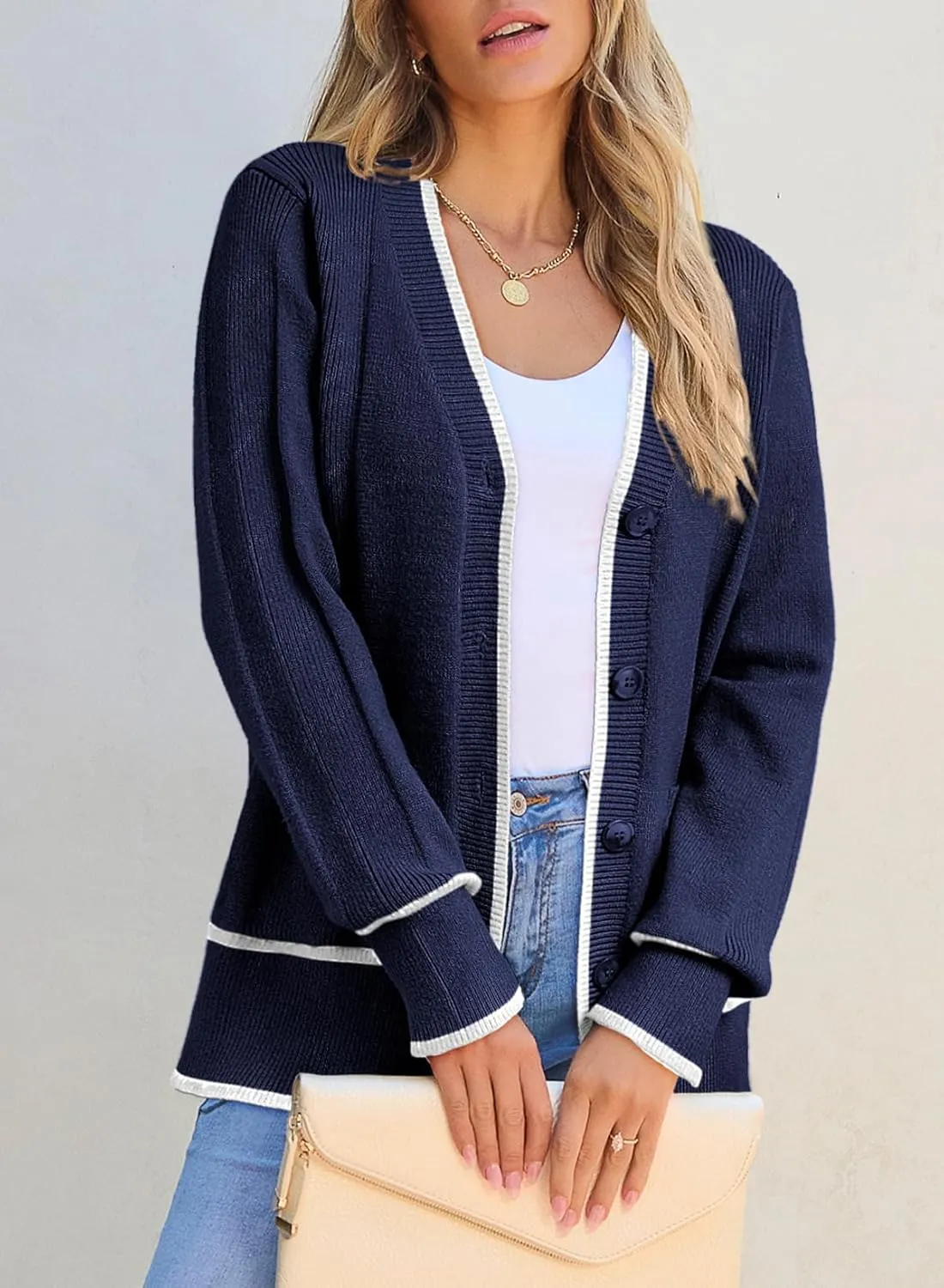 Dokotoo Short Cardigans for Women Color Blocked 2024 Fall Fashion Button Down Sweaters Winter Coats with Pockets