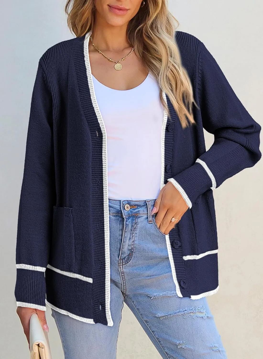 Dokotoo Short Cardigans for Women Color Blocked 2024 Fall Fashion Button Down Sweaters Winter Coats with Pockets