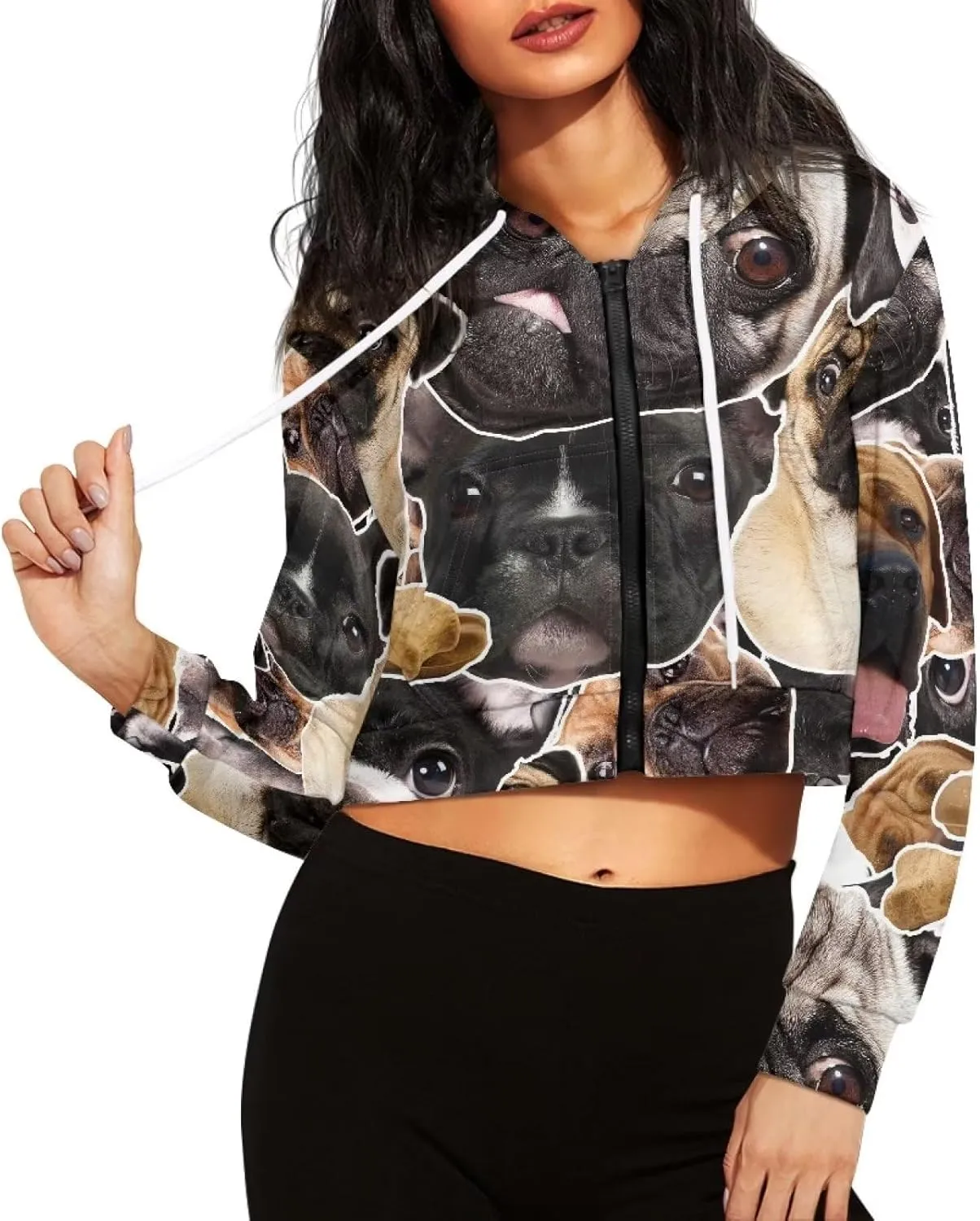Dolyues Women's Cropped Hoodies Full-Zip Sweatshirt Crop Top Long Sleeves Hooded Jacket Coat Outwear with Pockets