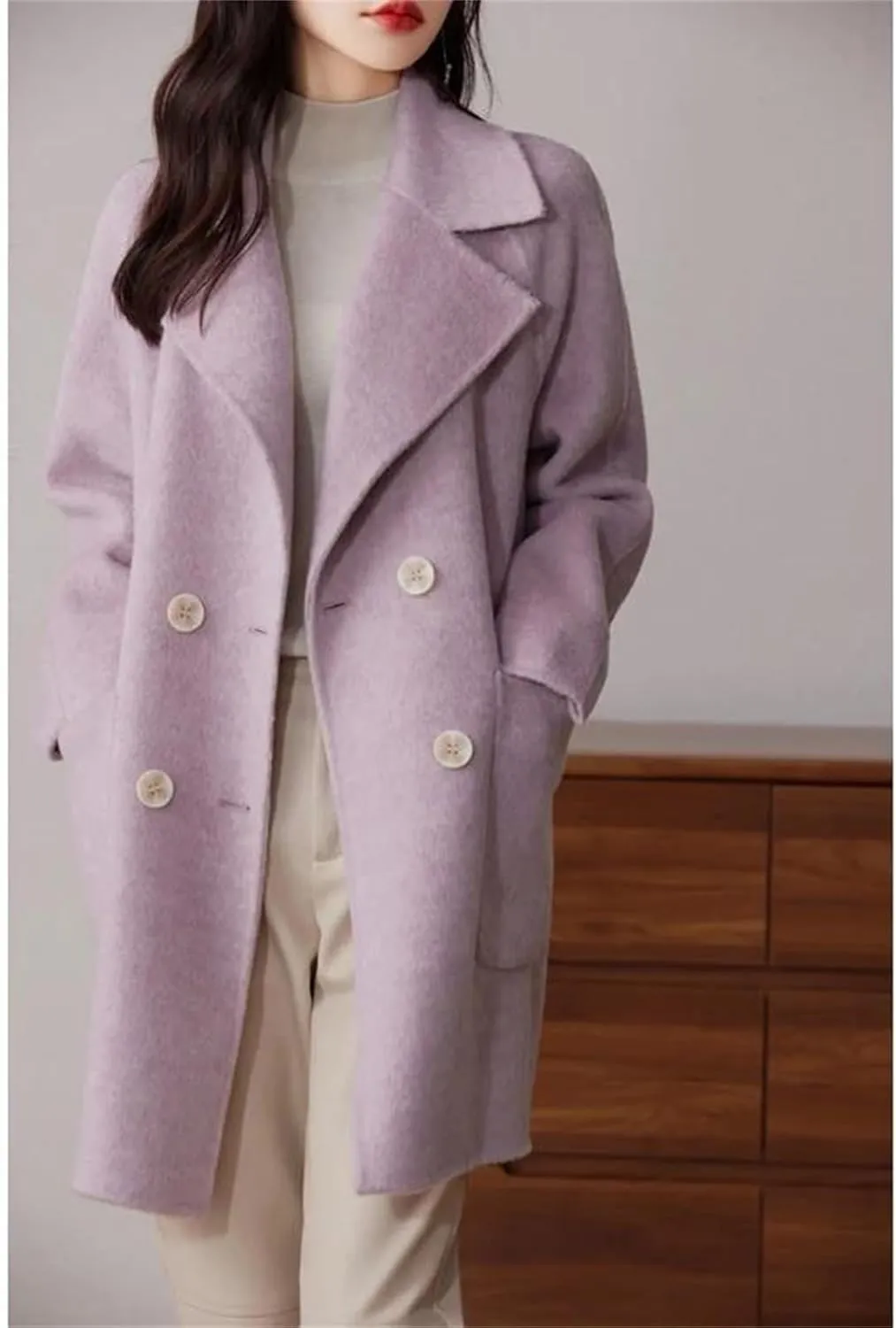 Double-Sided Cashmere Coat For Women, Mid-Length Suit Tie, Double-Breasted, Wool Coat