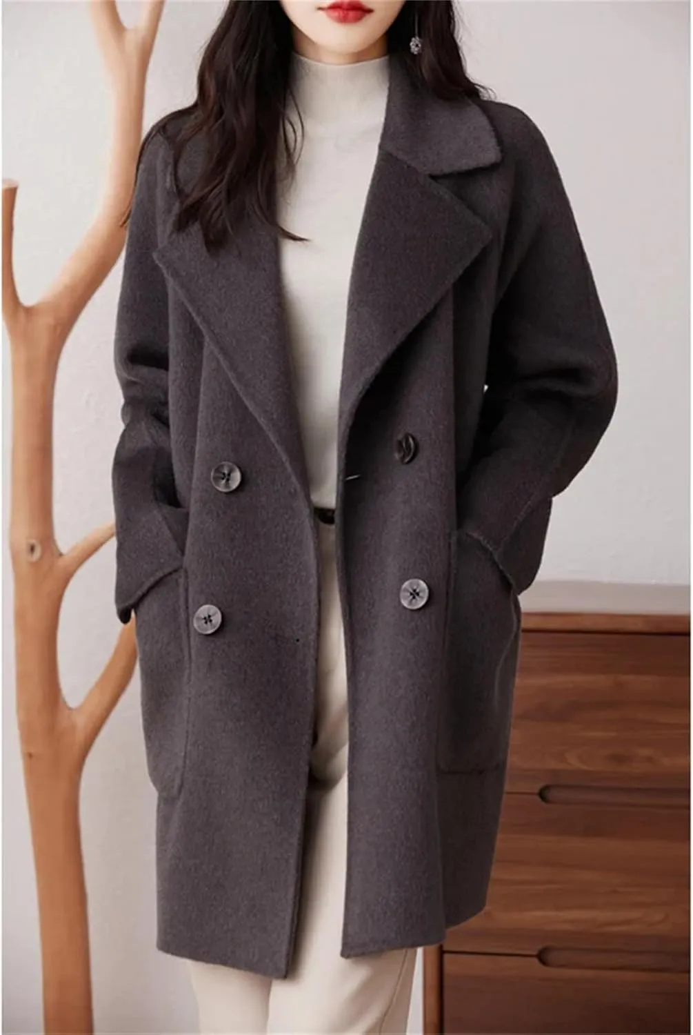 Double-Sided Cashmere Coat For Women, Mid-Length Suit Tie, Double-Breasted, Wool Coat