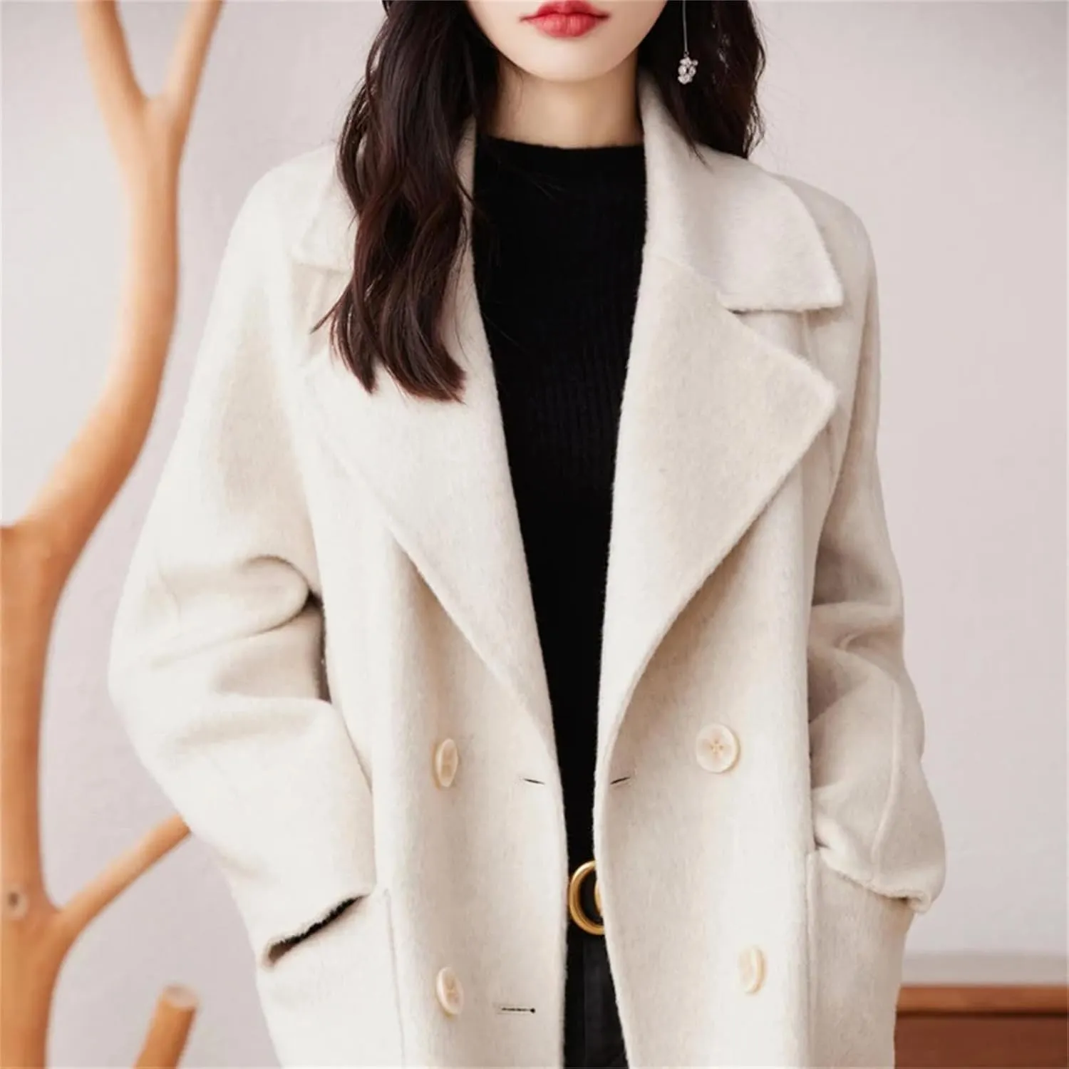 Double-Sided Cashmere Coat For Women, Mid-Length Suit Tie, Double-Breasted, Wool Coat
