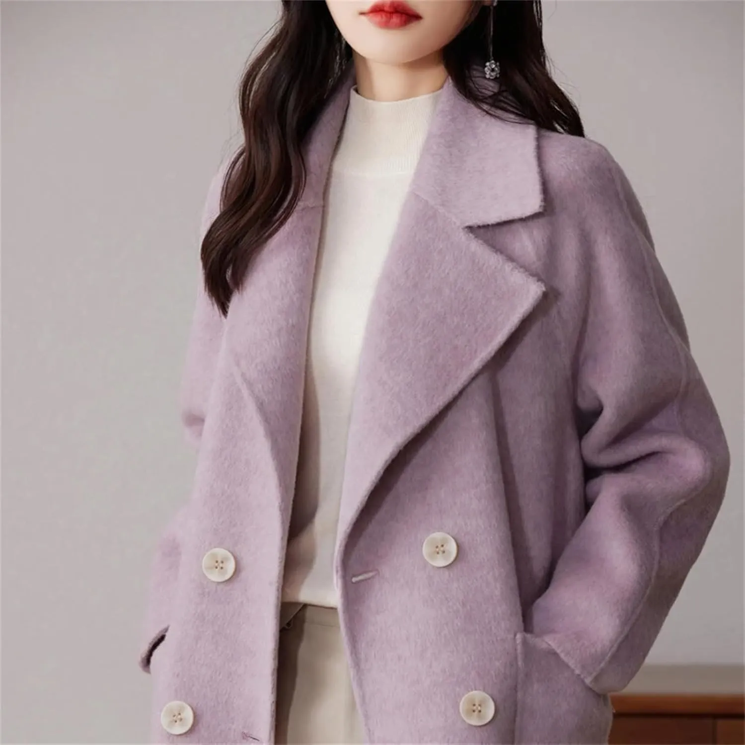 Double-Sided Cashmere Coat For Women, Mid-Length Suit Tie, Double-Breasted, Wool Coat