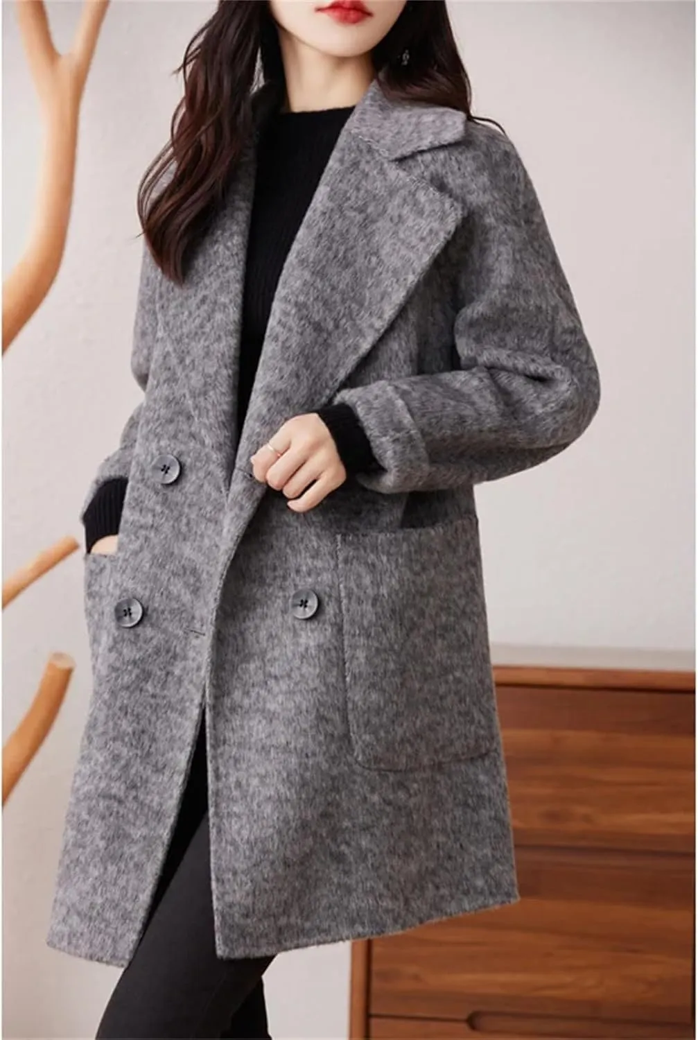 Double-Sided Cashmere Coat For Women, Mid-Length Suit Tie, Double-Breasted, Wool Coat