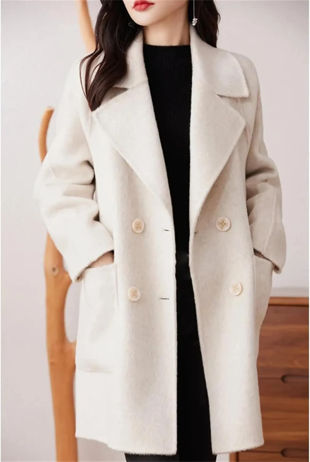 Double-Sided Cashmere Coat For Women, Mid-Length Suit Tie, Double-Breasted, Wool Coat