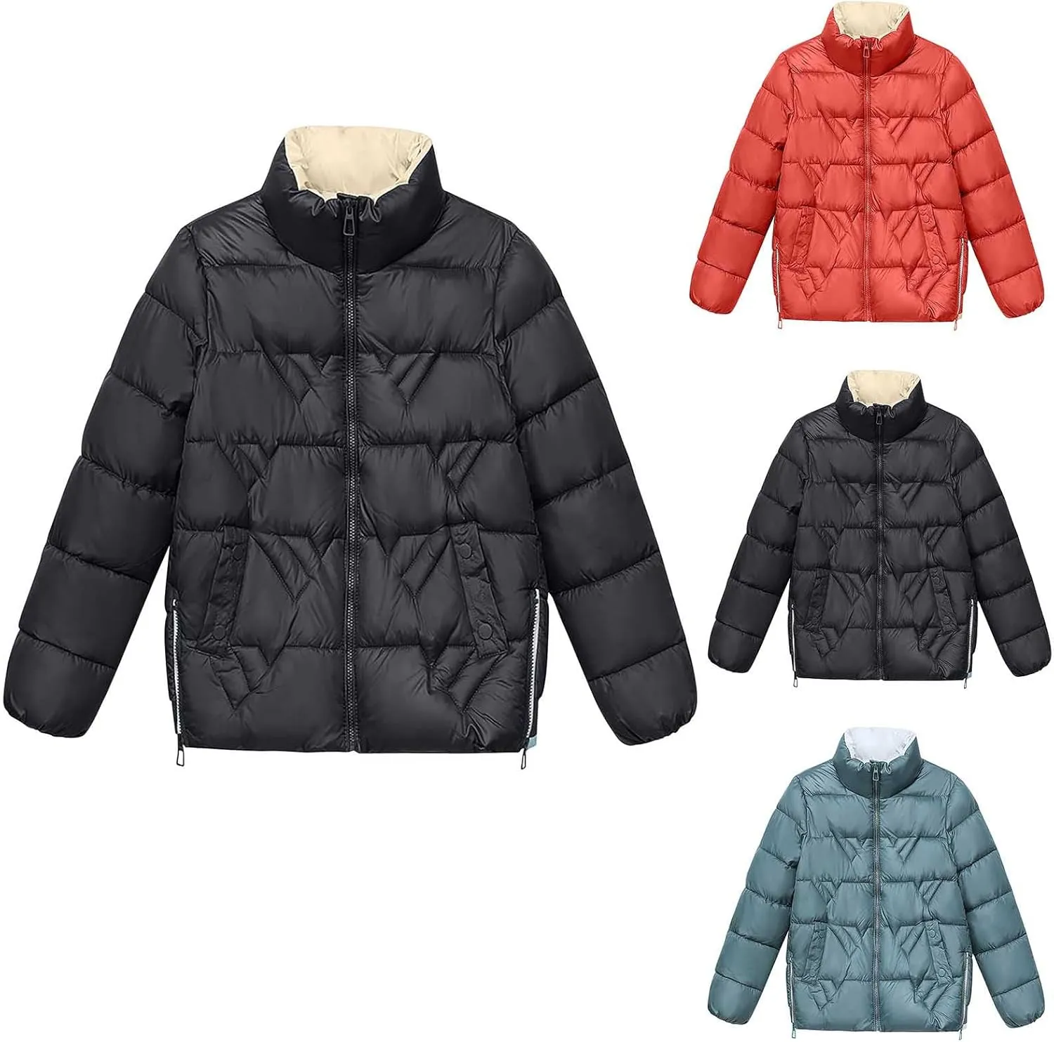 Down Jacket Women Oversized Full Zipper Puffer Coats Warm Thicken Padded Jackets 2024 Winter Outerwear with Pockets