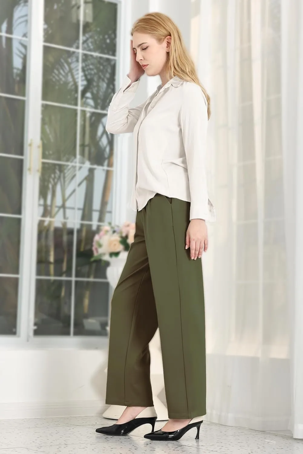 Dress Pants Women Straight Leg Work Business Office High Elastic Waisted Casual Slacks Trousers 29" with Pockets