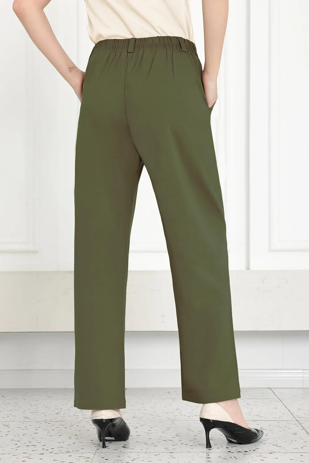 Dress Pants Women Straight Leg Work Business Office High Elastic Waisted Casual Slacks Trousers 29" with Pockets