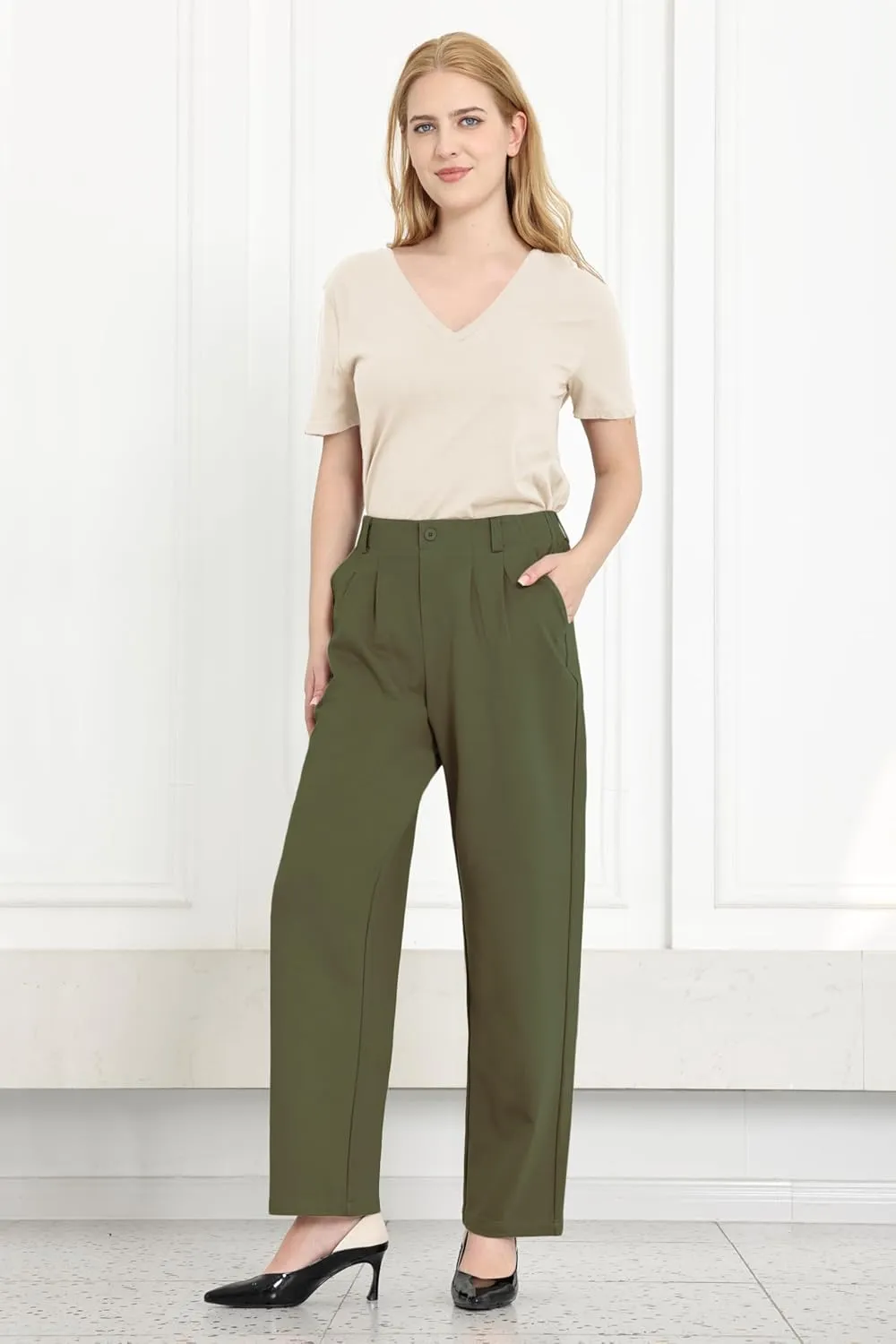 Dress Pants Women Straight Leg Work Business Office High Elastic Waisted Casual Slacks Trousers 29" with Pockets