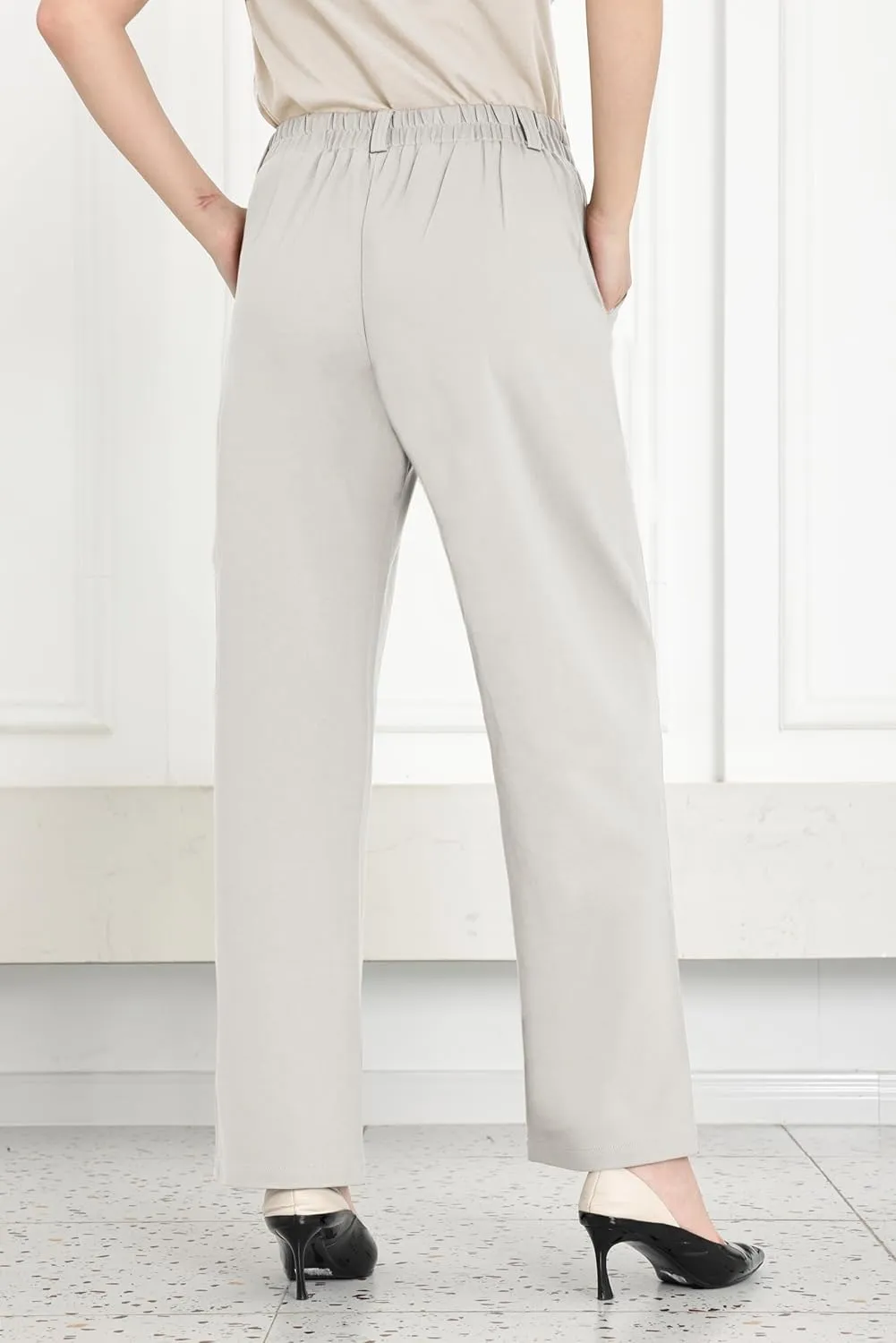 Dress Pants Women Straight Leg Work Business Office High Elastic Waisted Casual Slacks Trousers 29" with Pockets