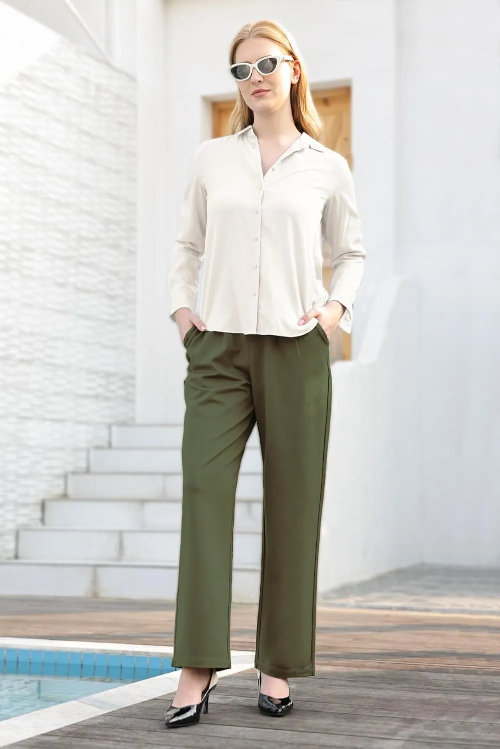 Dress Pants Women Straight Leg Work Business Office High Elastic Waisted Casual Slacks Trousers 29" with Pockets