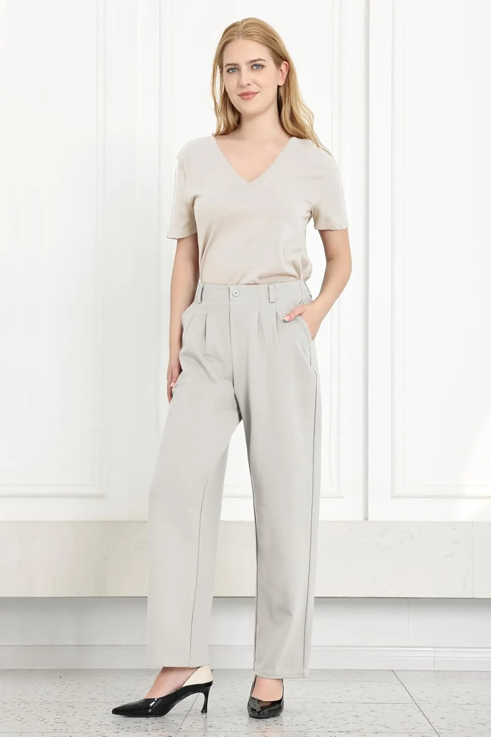 Dress Pants Women Straight Leg Work Business Office High Elastic Waisted Casual Slacks Trousers 29" with Pockets