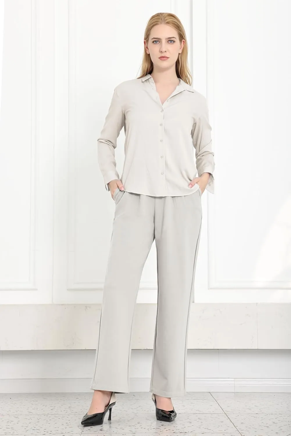 Dress Pants Women Straight Leg Work Business Office High Elastic Waisted Casual Slacks Trousers 29" with Pockets