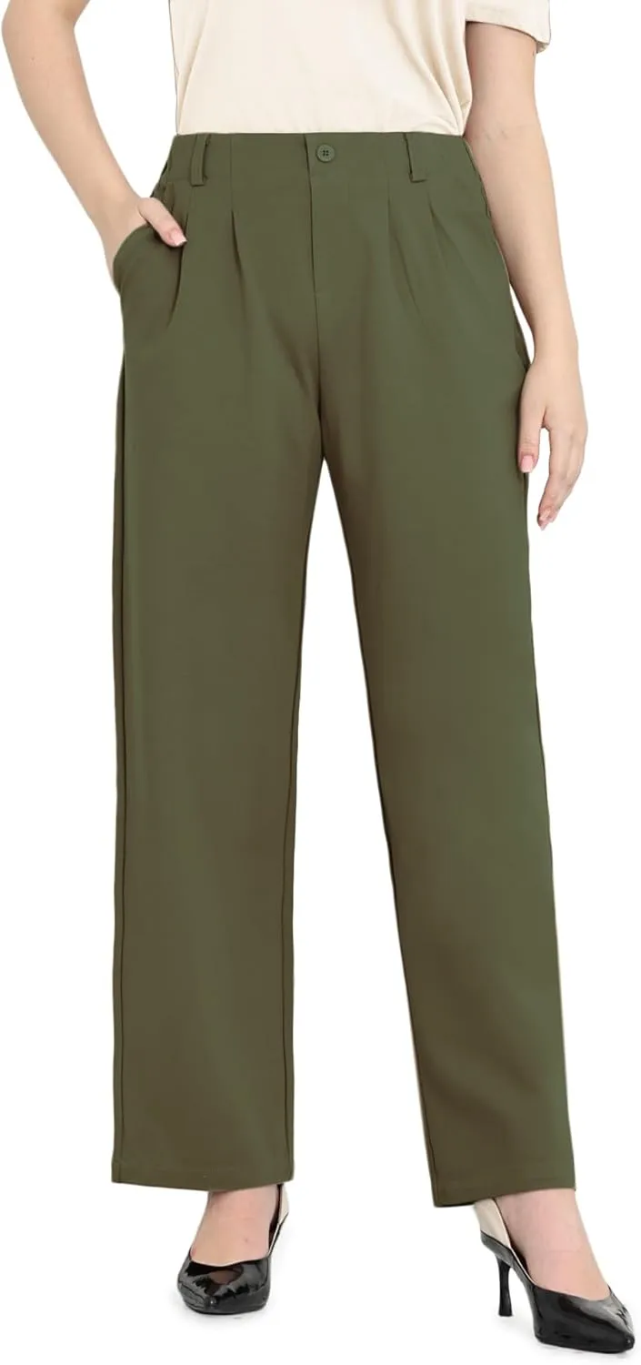 Dress Pants Women Straight Leg Work Business Office High Elastic Waisted Casual Slacks Trousers 29" with Pockets