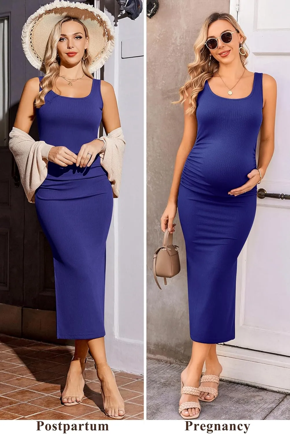 Ekouaer Women Sleeveless Tank Maternity Dress Ribbed Knit Pregnancy Midi Dresses Ruch Side Stretchy Pregnancy Clothes S-XXL
