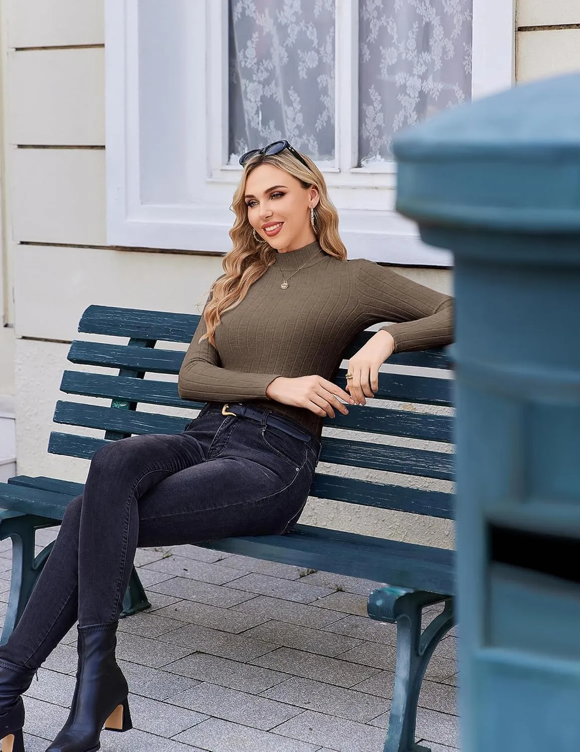 Ekouaer Women's Mock Turtleneck Long Sleeve Shirts Fall Ribbed Tops Fleece Basic Layering Soft Thermal Undershirts Tee