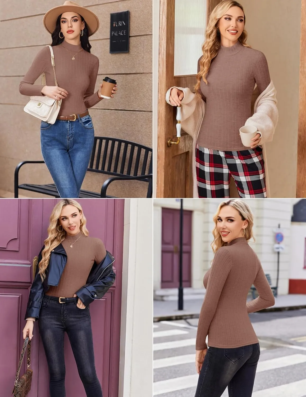 Ekouaer Women's Mock Turtleneck Long Sleeve Shirts Fall Ribbed Tops Fleece Basic Layering Soft Thermal Undershirts Tee
