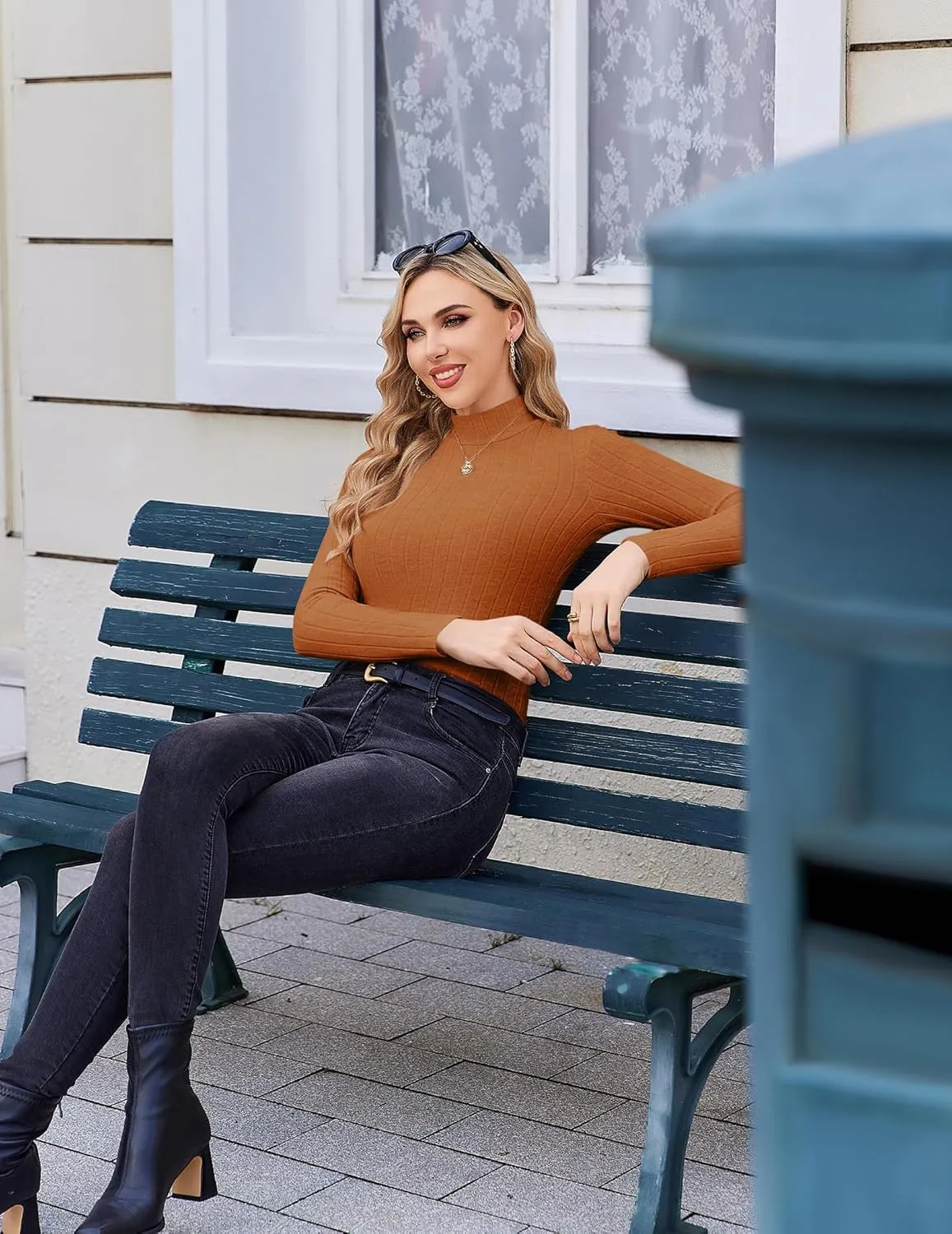 Ekouaer Women's Mock Turtleneck Long Sleeve Shirts Fall Ribbed Tops Fleece Basic Layering Soft Thermal Undershirts Tee