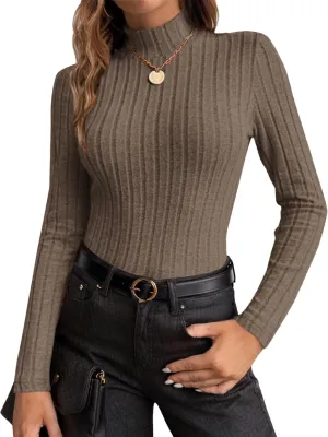 Ekouaer Women's Mock Turtleneck Long Sleeve Shirts Fall Ribbed Tops Fleece Basic Layering Soft Thermal Undershirts Tee
