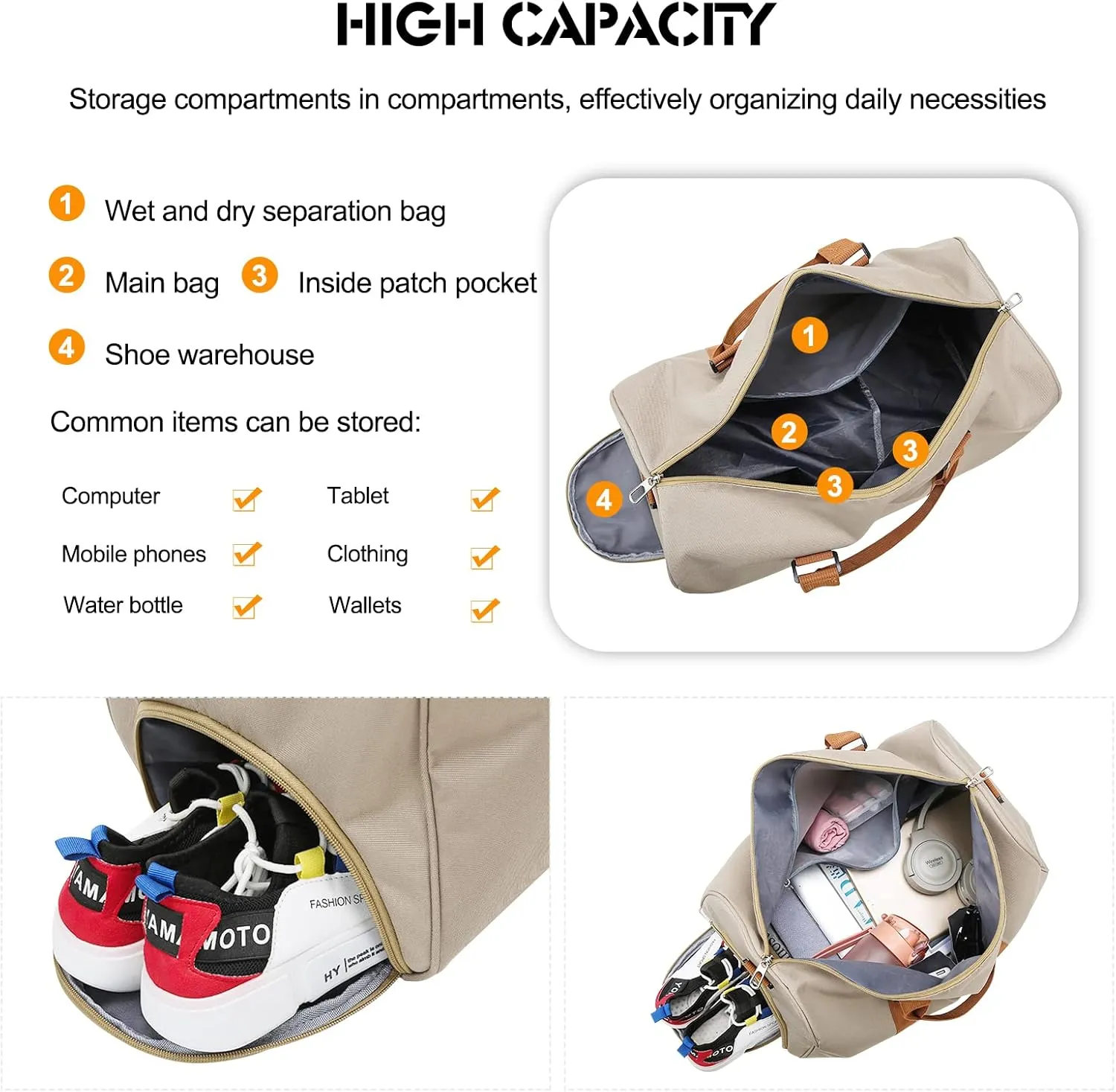 Ergocar Gym Sports Duffle Bag, Waterproof Travel Duffel Bag with Wet Pocket and Shoes Compartment, Big Capacity Holdall Sports Bags with Shoulder Strap, Durable for Gym, Sports, Travel, Swimming