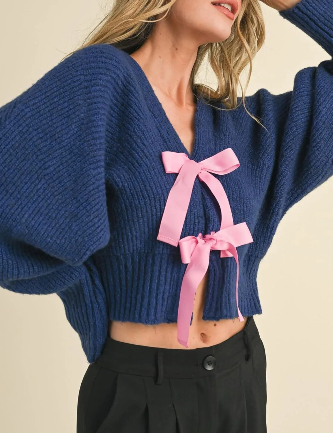 Esmeling Women’s Long Sleeve Crop Cardigan Sweaters Chic Loose V Neck Knit Sweater Outerwear with Bow Tie