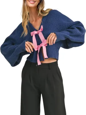 Esmeling Women’s Long Sleeve Crop Cardigan Sweaters Chic Loose V Neck Knit Sweater Outerwear with Bow Tie