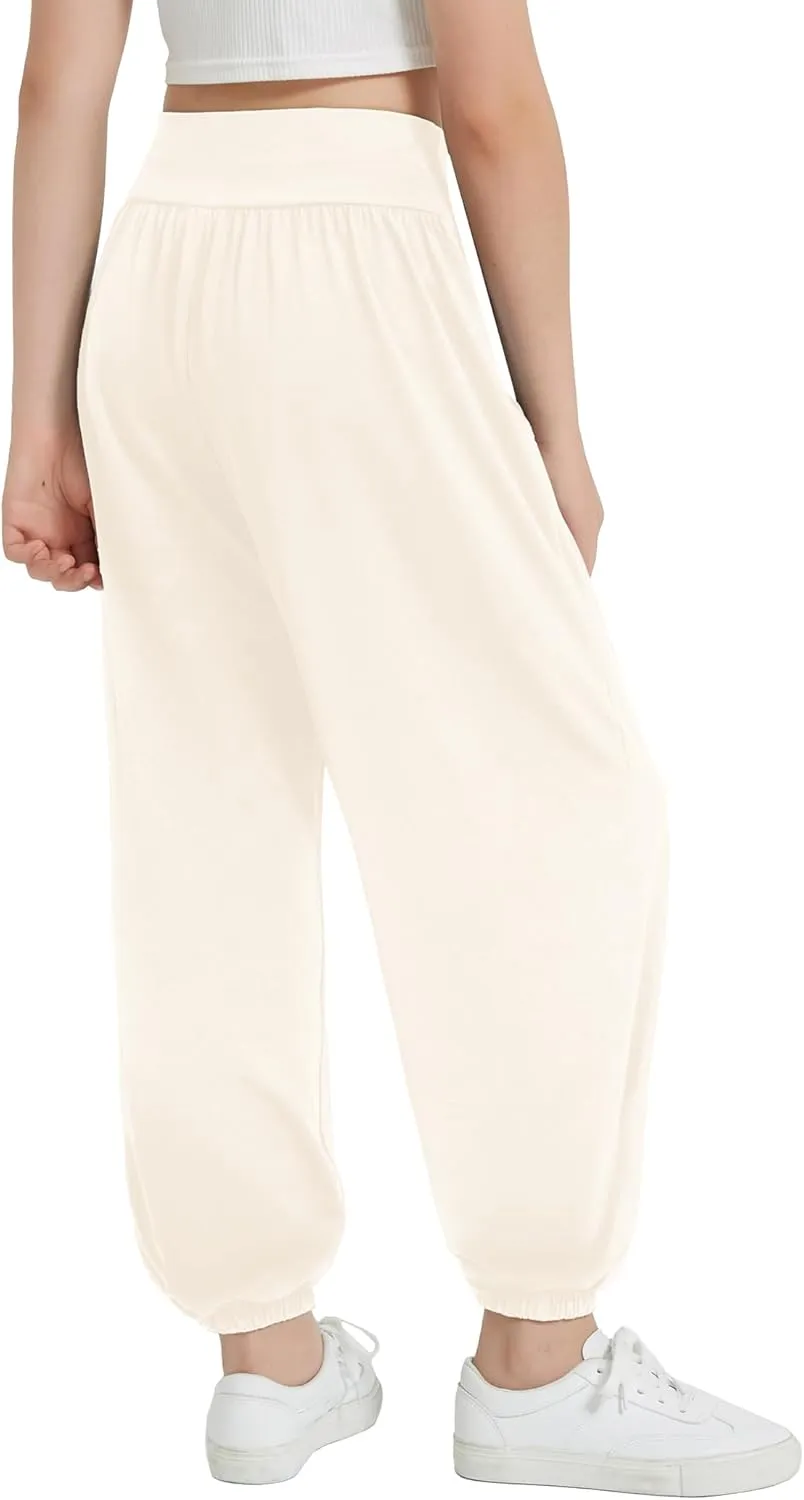 EXARUS 3 Pack Girls Lightweight Baggy Pants Straight/Tapered Wide Leg Pants Elastic Waist Flowy Pants with Pockets 6-14Y