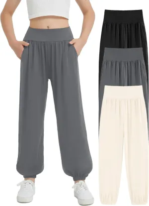EXARUS 3 Pack Girls Lightweight Baggy Pants Straight/Tapered Wide Leg Pants Elastic Waist Flowy Pants with Pockets 6-14Y