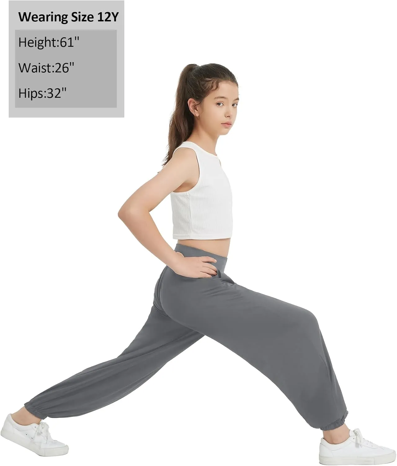 EXARUS 3 Pack Girls Lightweight Baggy Pants Straight/Tapered Wide Leg Pants Elastic Waist Flowy Pants with Pockets 6-14Y
