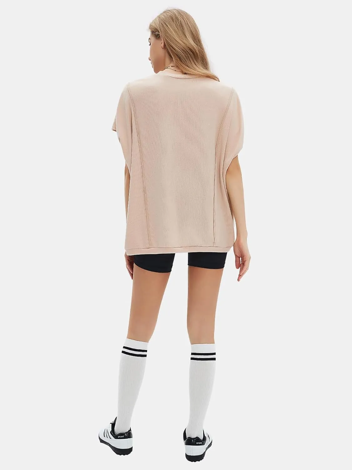 EXLURA Women's Summer Exposed Seams Oversized Tops 2025 Casual Workout T Shirts Trendy Pleated Dressy Crewneck Tunic Outfits
