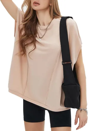 EXLURA Women's Summer Exposed Seams Oversized Tops 2025 Casual Workout T Shirts Trendy Pleated Dressy Crewneck Tunic Outfits