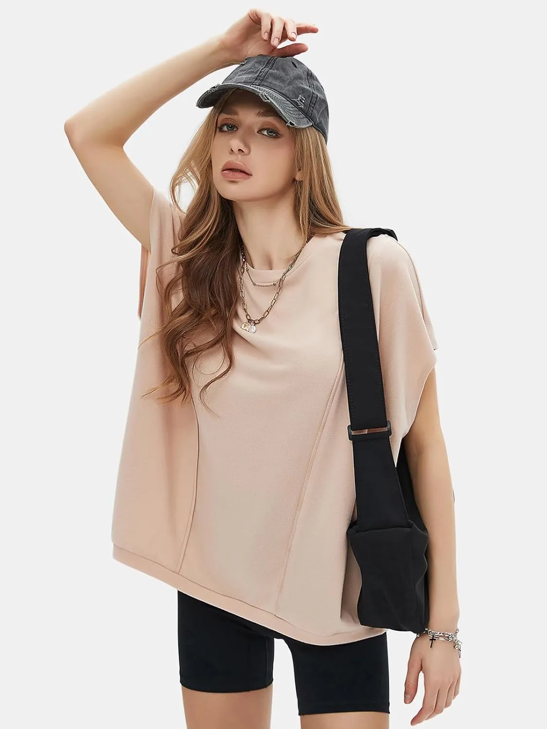 EXLURA Women's Summer Exposed Seams Oversized Tops 2025 Casual Workout T Shirts Trendy Pleated Dressy Crewneck Tunic Outfits