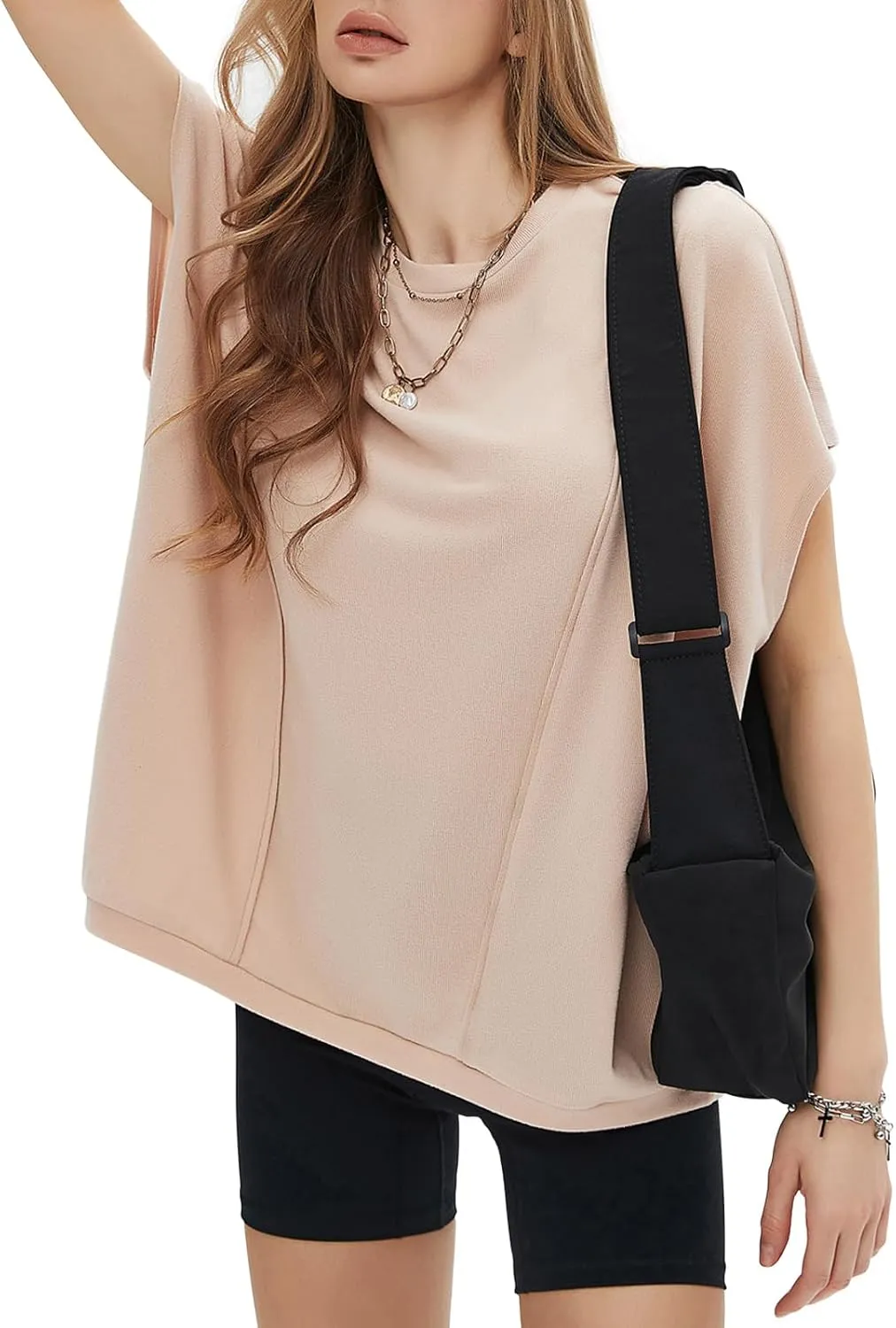 EXLURA Women's Summer Exposed Seams Oversized Tops 2025 Casual Workout T Shirts Trendy Pleated Dressy Crewneck Tunic Outfits