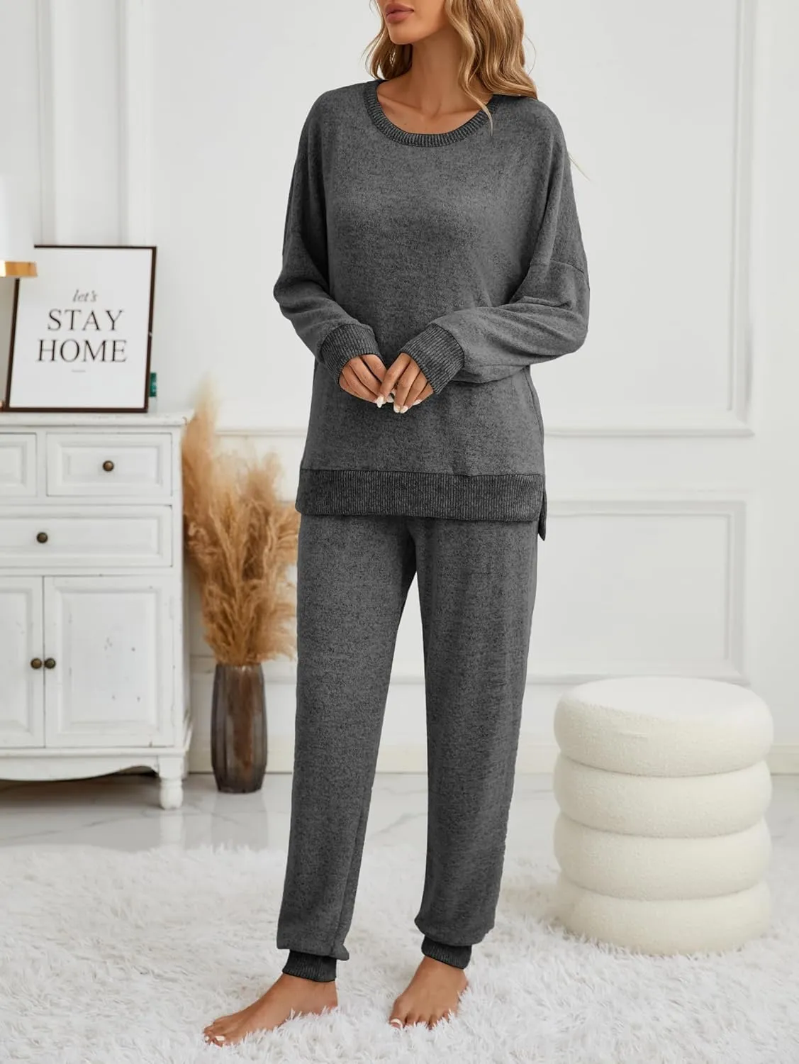 Famulily Women's 2 Piece Long Sleeve Side Split Ribbed Sweatshirt with Elastic Cuff Jogger Loose Lounge Sets