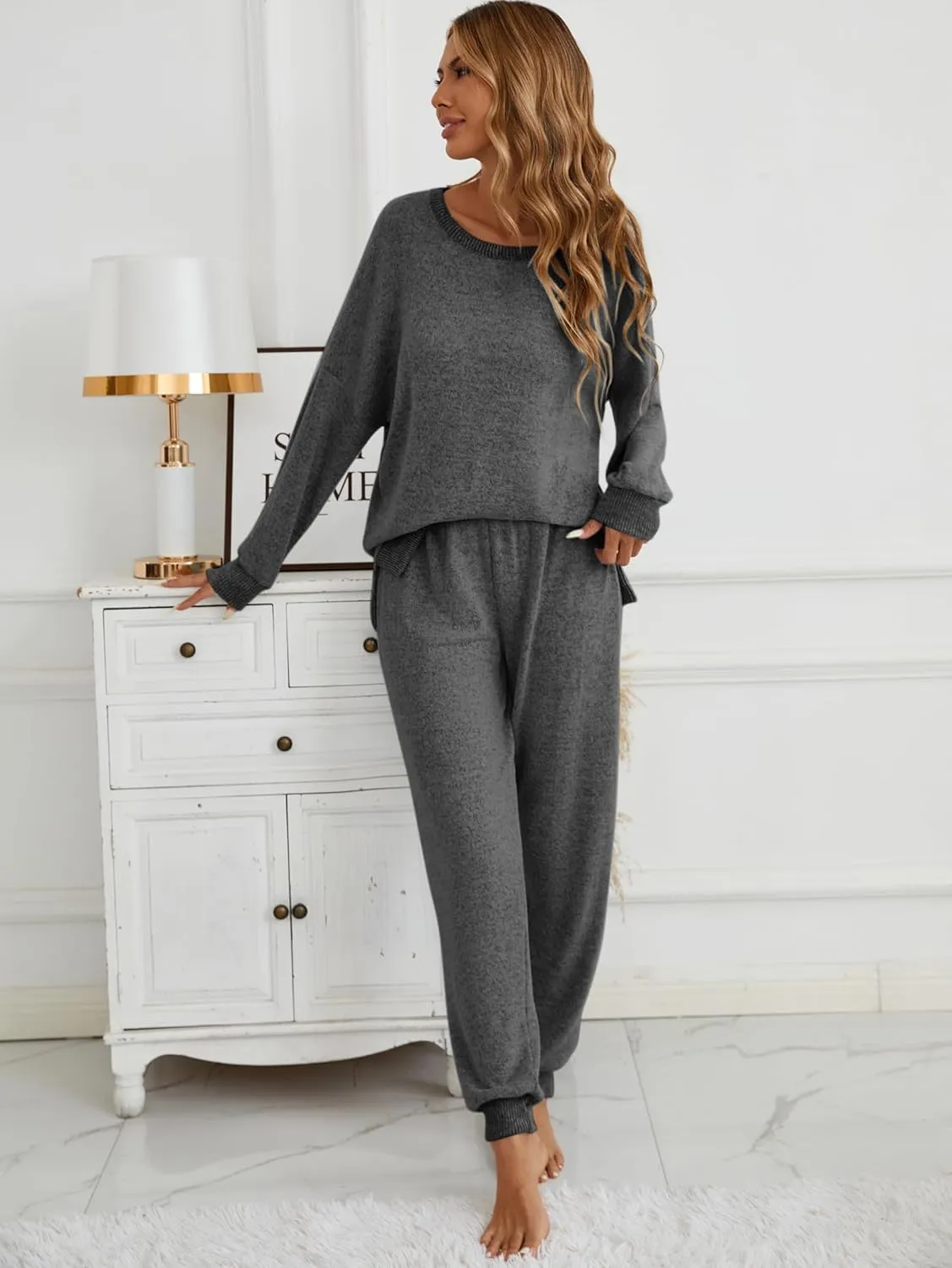 Famulily Women's 2 Piece Long Sleeve Side Split Ribbed Sweatshirt with Elastic Cuff Jogger Loose Lounge Sets