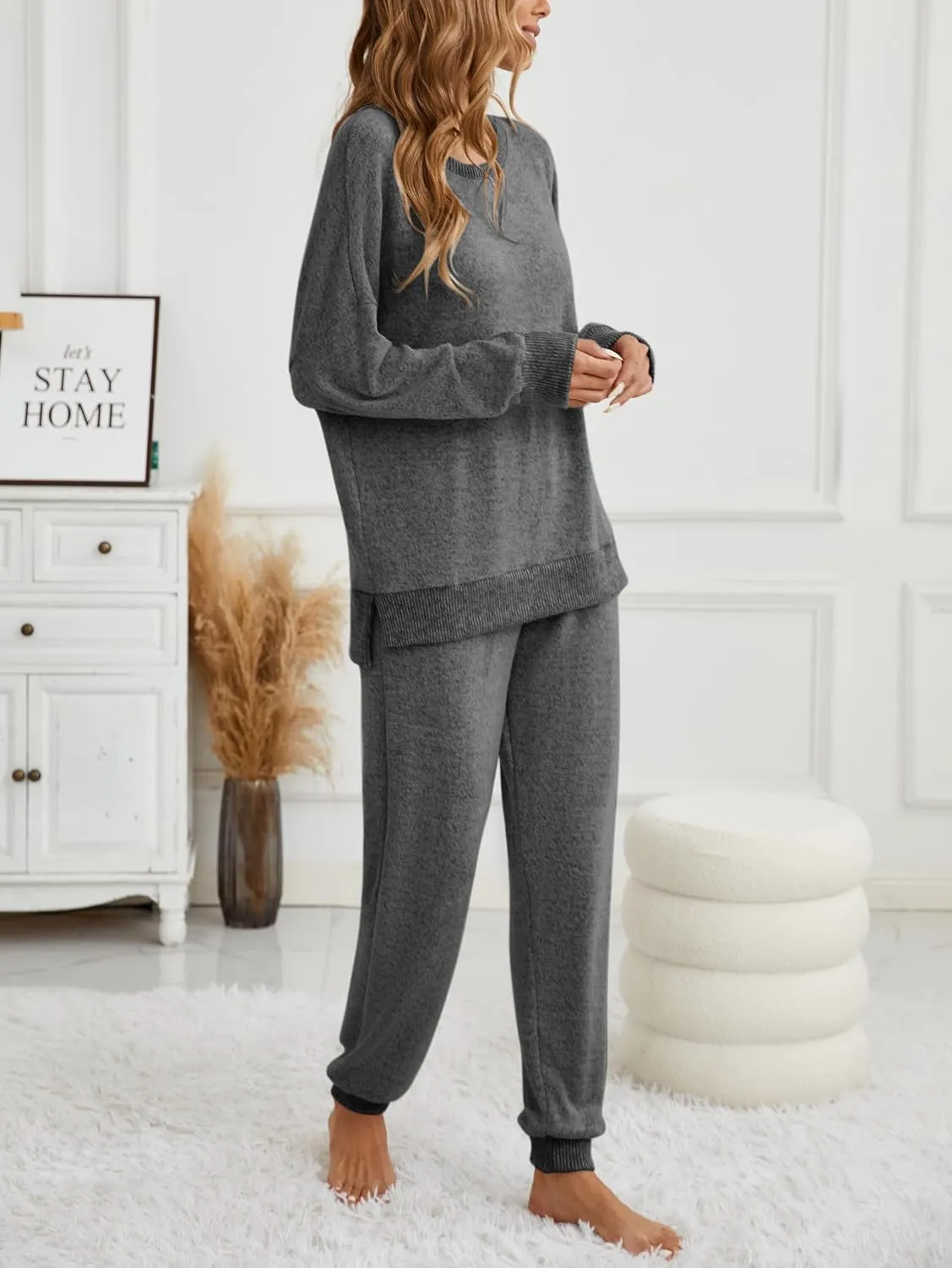 Famulily Women's 2 Piece Long Sleeve Side Split Ribbed Sweatshirt with Elastic Cuff Jogger Loose Lounge Sets